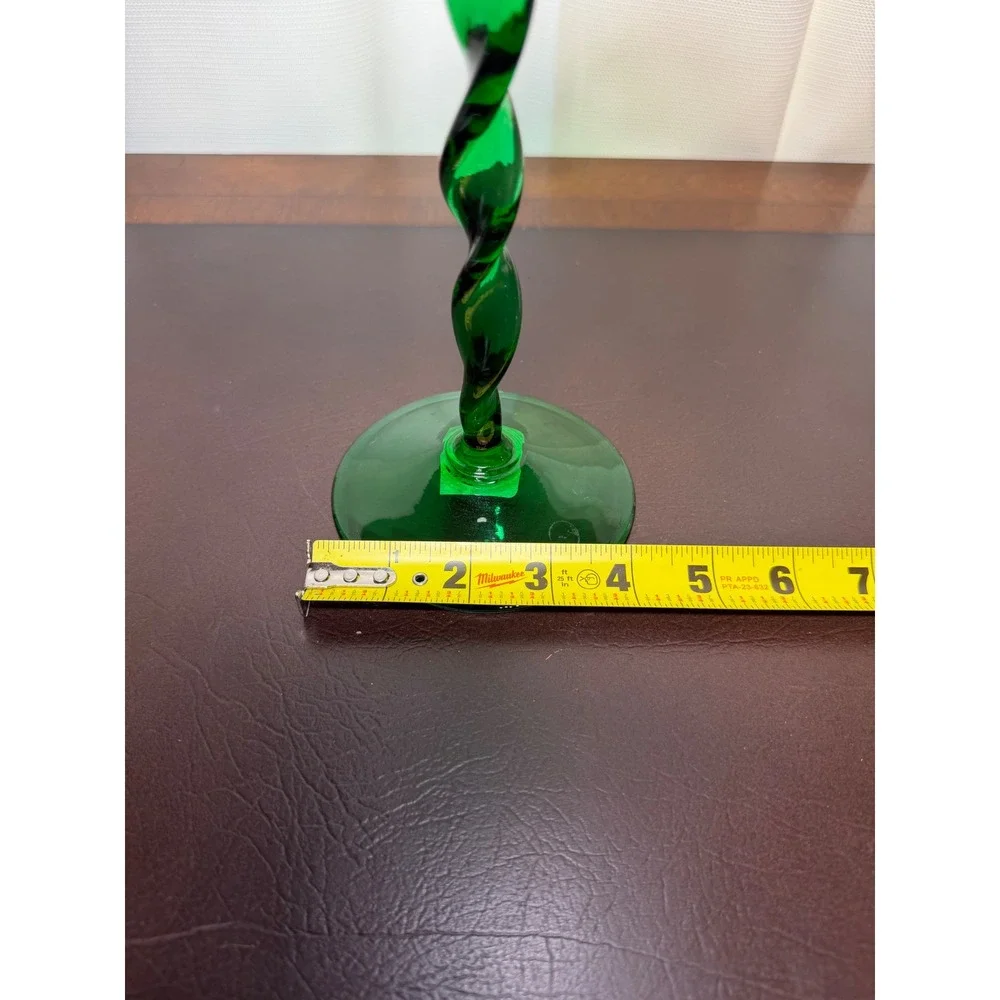 Emerald Green Glass Spiral Twist Stem Candlestick Holder Mid Century Modern 9.5